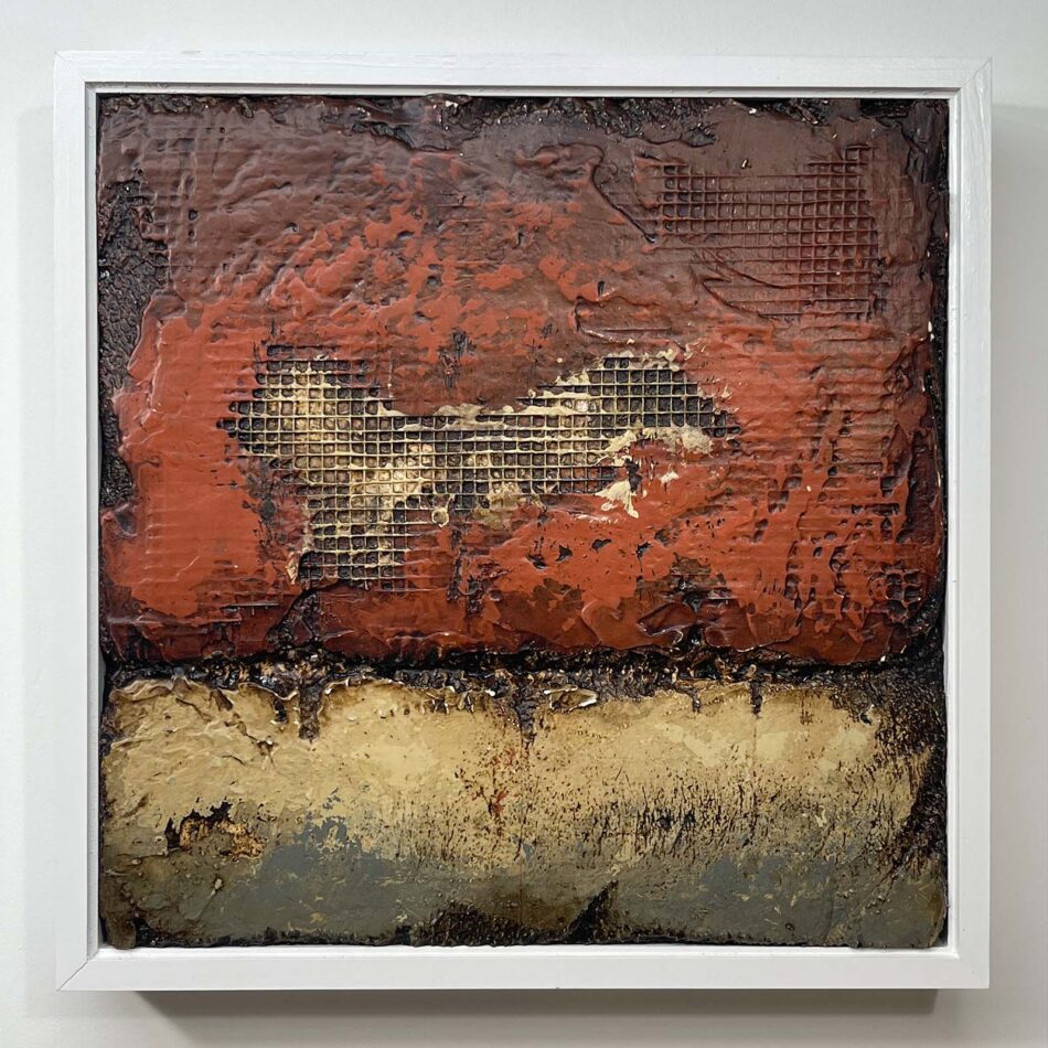 Distressed Surfaces No. 18 | enamel paint, acrylic paste, wire mesh, joint compound, and roofing tar on polystyrene | 17” x 17” x 2.5” | 2025