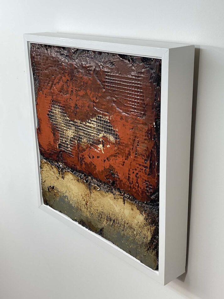 Distressed Surfaces No. 18 | enamel paint, acrylic paste, wire mesh, joint compound, and roofing tar on polystyrene | 17” x 17” x 2.5” | 2025