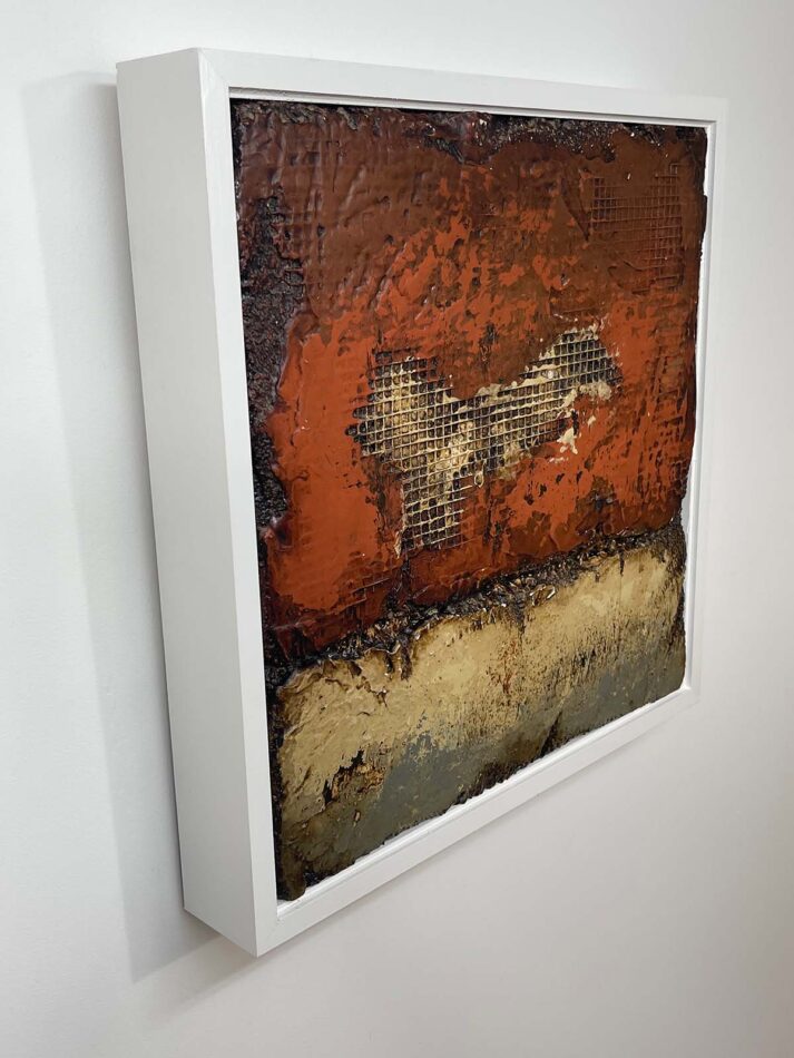 Distressed Surfaces No. 18 | enamel paint, acrylic paste, wire mesh, joint compound, and roofing tar on polystyrene | 17” x 17” x 2.5” | 2025