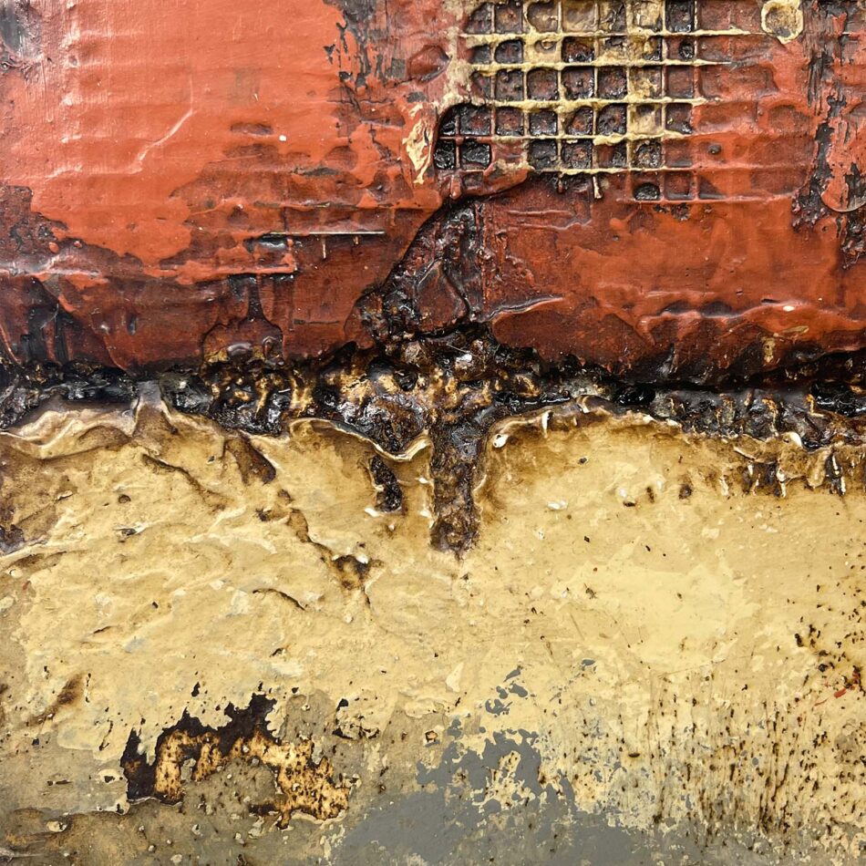 Distressed Surfaces No. 18 | enamel paint, acrylic paste, wire mesh, joint compound, and roofing tar on polystyrene | 17” x 17” x 2.5” | 2025